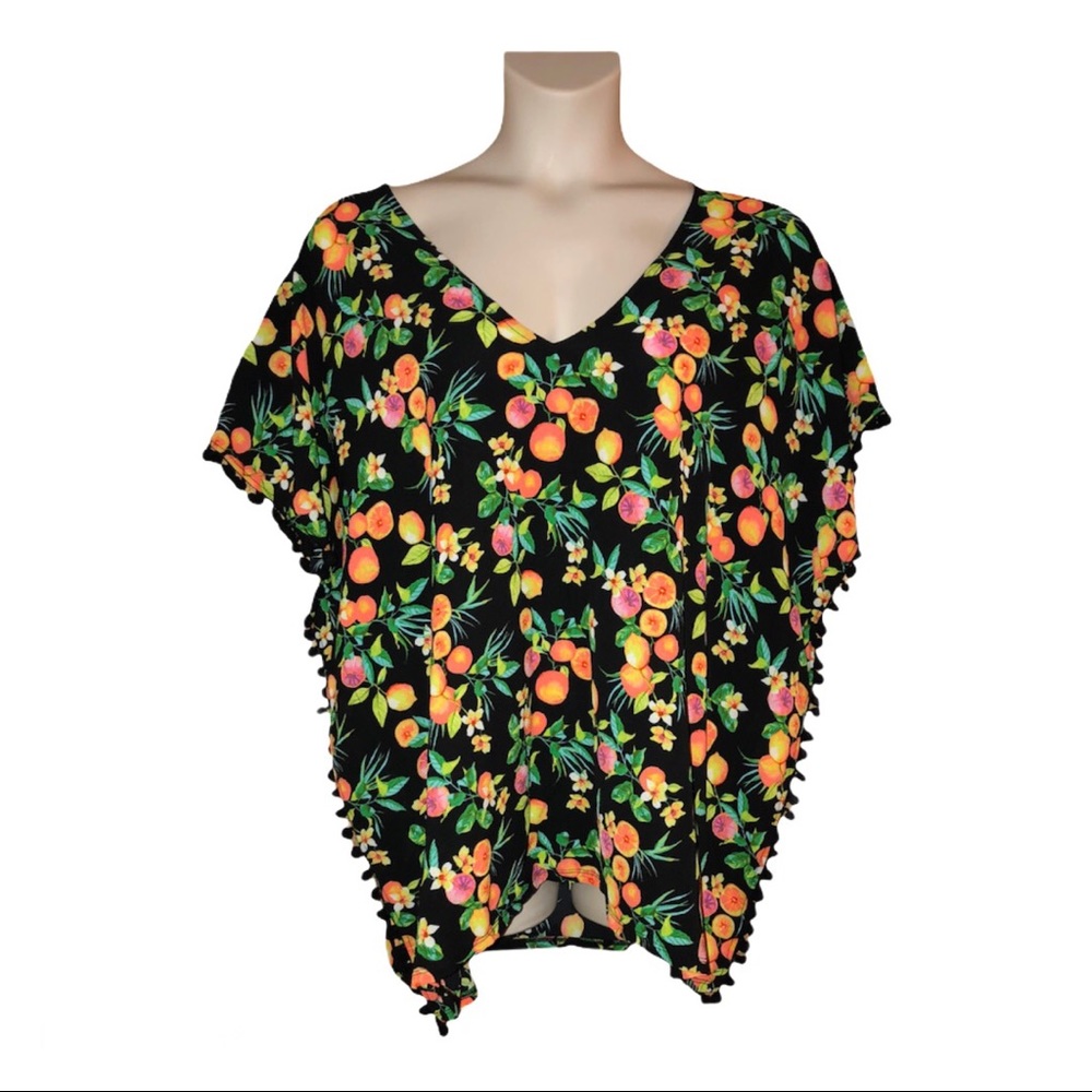 Fruit Print Swim Cover-Up with Pom Pom accents